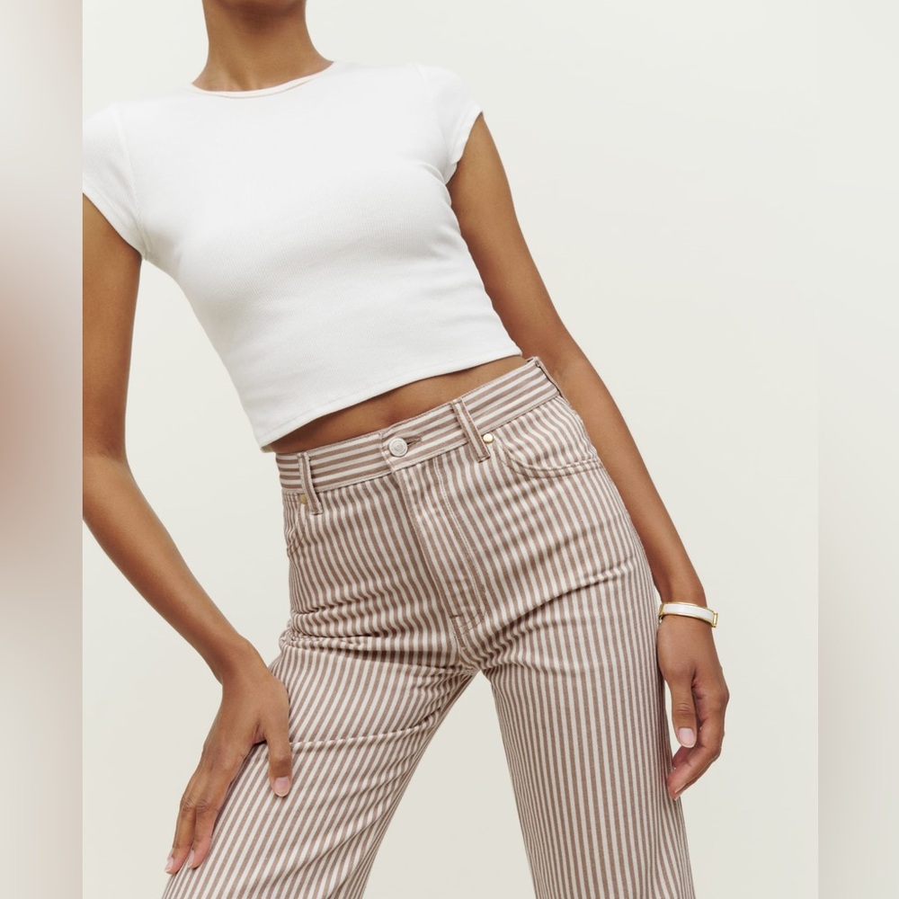 Reformation High-Rise Striped Jeans in Cream and Tan